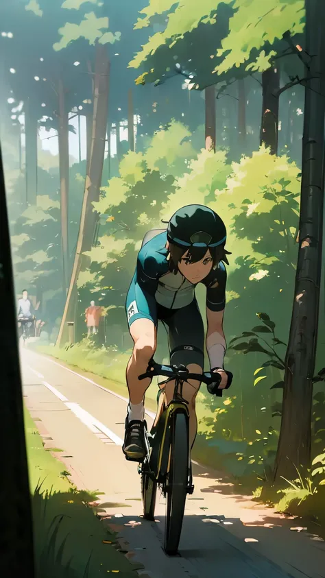 (bicycle: 1.5), (realistic bicycle: 1.5), (REAL CYCLISTS : 1.5),  CYCLISTS RETURN TO THE Foreground, Lo-fi landscape, nature, sun, forest,  (forestの木漏れ日)、Cutting down berets  , undergrowth,  landscape background ,  Shadow, Contrast, Makoto Shinkai (Best Qu...