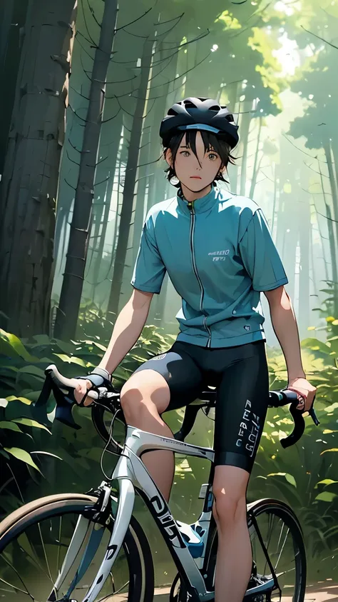 (bicycle: 1.5), (realistic bicycle: 1.5), (REAL CYCLISTS : 1.5),  CYCLISTS RETURN TO THE Foreground, Lo-fi landscape, nature, sun, forest,  (forestの木漏れ日)、Cutting down berets  , undergrowth,  landscape background ,  Shadow, Contrast, Makoto Shinkai (Best Qu...