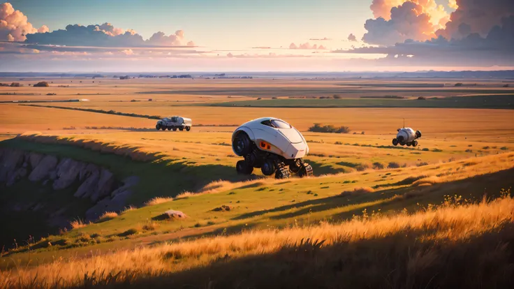 Scenery of a vast prairie with a view of the horizon,Robots in the distance,very wide shot:1.1,distant view:1.5,quality,Ultra detailed, best quality, insanely detailed, beautiful, masterpiece