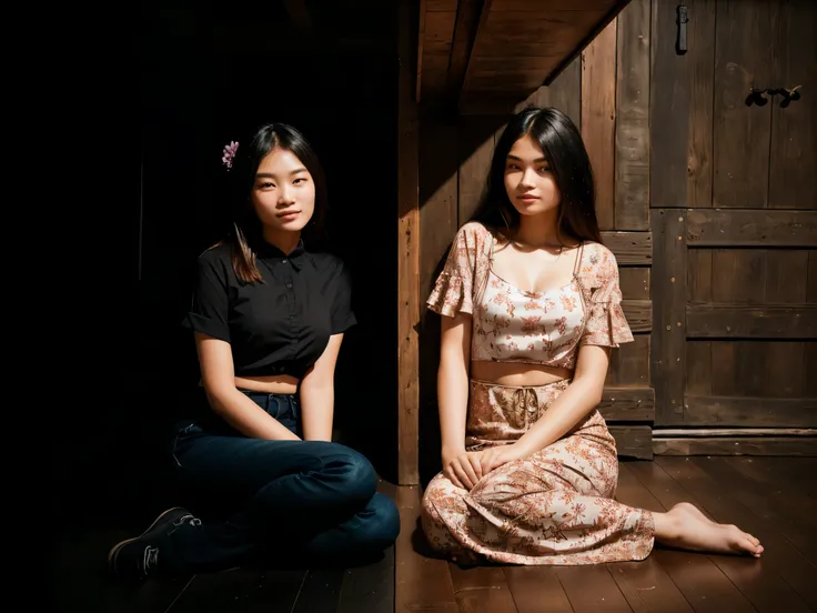 there are two women sitting on a wooden floor next to each other, both woman with the same pose, sitting on the wooden floor