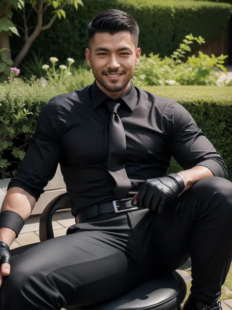 Age 30,One Man,、 Black Shirt、black tie､ black slim pants 、  black gloves、 black boots、Combatant、With a pistol on his hip、garden、　   please sit with your legs open。 short hair 、更に short hair 、   undercut 、Stubble　Muscular　Asian Face　  Black Shirt 　 view fro...