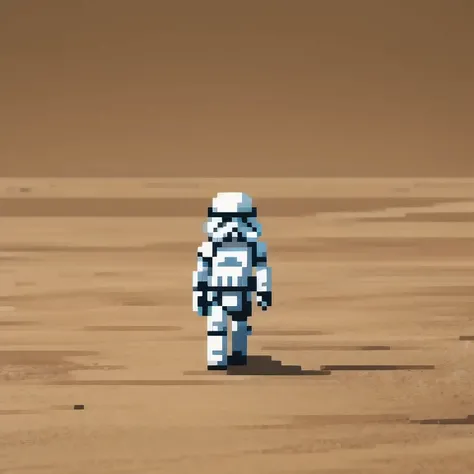 Miniature photograph of a Stormtrooper with Star Wars weapon walking through the desert leaving footprints in the sand cinematic dramatic lighting, blurred desert background.