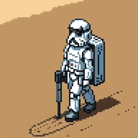 miniature photograph of a stormtrooper with star wars weapon walking through the desert leaving footprints in the sand cinematic...