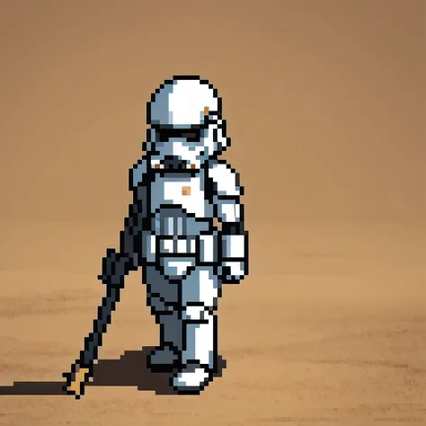 miniature photograph of a stormtrooper with star wars weapon walking through the desert leaving footprints in the sand cinematic...