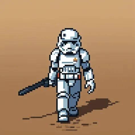 miniature photograph of a stormtrooper with star wars weapon walking through the desert leaving footprints in the sand cinematic...