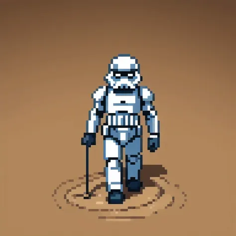 miniature photograph of a stormtrooper with star wars weapon walking through the desert leaving footprints in the sand cinematic...