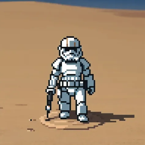 miniature photograph of a stormtrooper with star wars weapon walking through the desert leaving footprints in the sand cinematic...