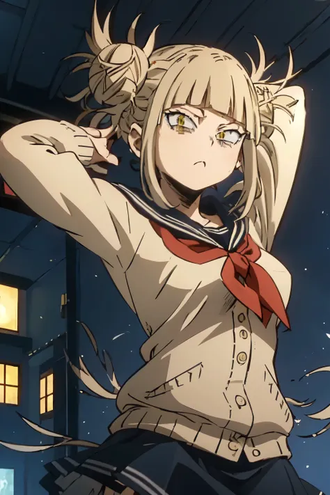 himikotoganova, (1girl, solo), blonde hair, double bun, messy hair, bangs, (perfect eyes, yellow eyes), serafuku, bags under eyes, (close mouth), blue skirt, long sleeves, red neckerchief, breasts, arms behind head, looking at viewer,