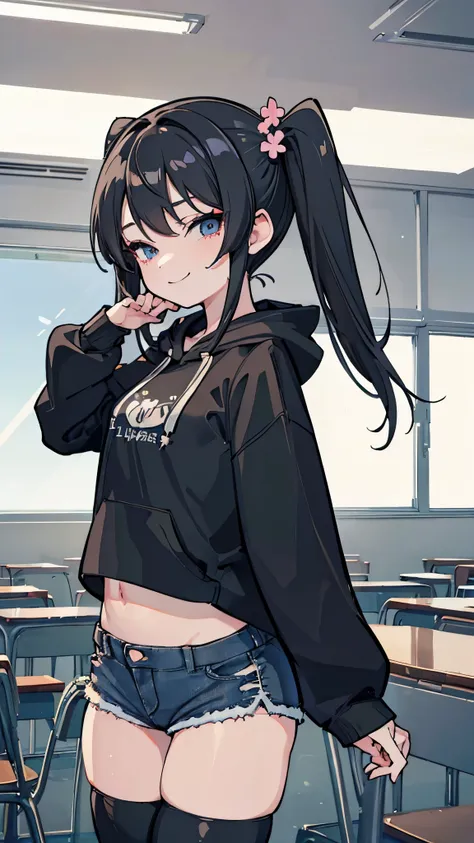 ((masterpiece、Best Quality、 very detailed))、 1 girl、Black Hair、 long hair、twintails、Gray、evil smile、(( small breasts))、((black hoodie))、((denim short shorts))、((black thighhighs))、 cowboy shot 、 Classroom Background 