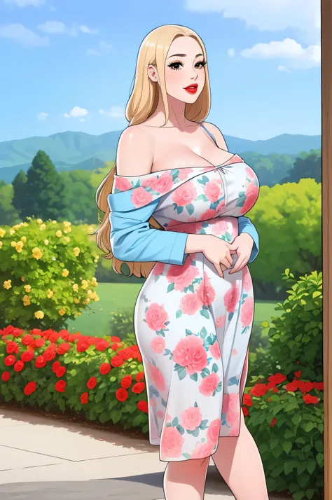 Extremely beautiful sexy woman, pale blonde hair, big brown eyes, plump red lips, wearing a sky-blue floral long strap dress and a white cardigan worn in an off-shoulder style, standing straight, hands joined together, looking at the viewer, beautiful cute...