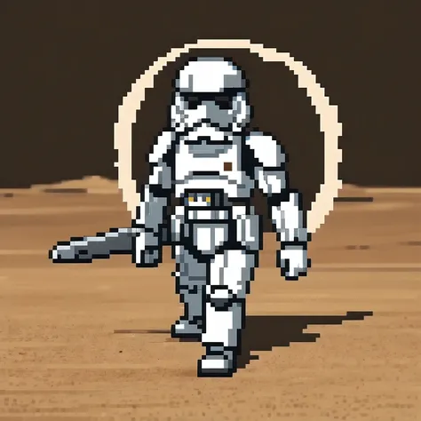 miniature photograph of a stormtrooper with star wars weapon walking through the desert leaving footprints in the sand cinematic...