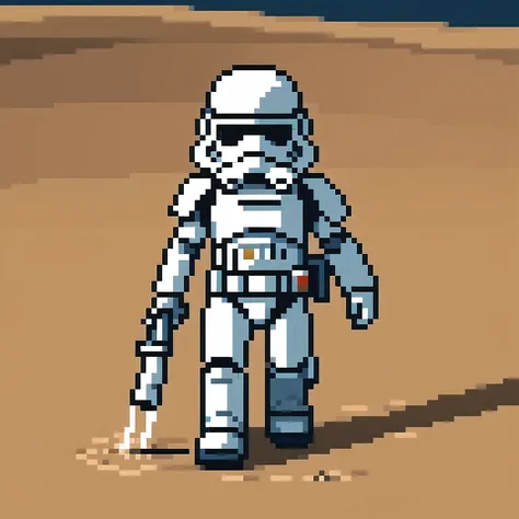 miniature photograph of a stormtrooper with star wars weapon walking through the desert leaving footprints in the sand cinematic...