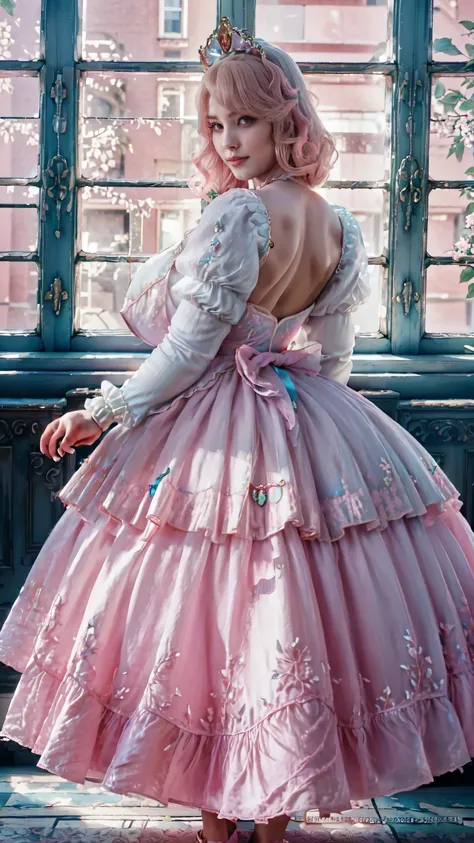 high quality,8K,high resolution, house wife pov from above,1 personality,tall,realistic texture,Much Muchi,cute smile,one hand on back head,(Plump body 8),(super huge big breasts,(beautiful princess Cinderella, pink long frock)(cotton or silk designe),(Cin...