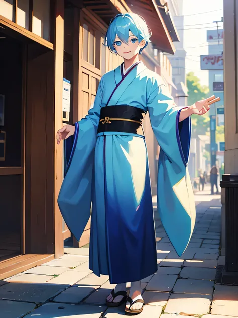 Boy, full body,smile, light blue hair, light blue eyes,kimono