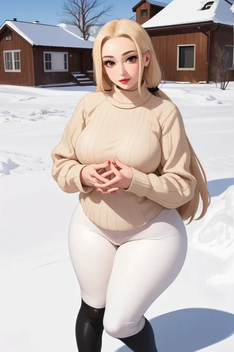 Extremely beautiful woman, pale blonde hair, big brown eyes, plump red lips, wearing oversized turtle neck beige sweater and tight blue long leggings, standing straight, hands joined together, white ribbon tied hair, looking at viewer, beautiful cute smile...