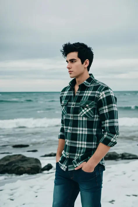 1boy, tough looking, white young adult, messy black hair, athletic build, green and white flannel shirt, blue jeans, tall, standing on snowy beach
