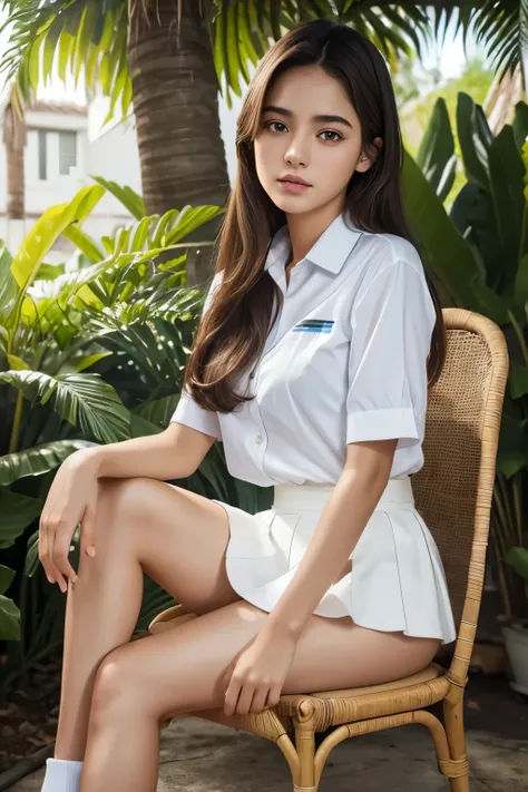 professional portrait, teenage Argentina actress, wearing thai student uniform, white shirt, black mini skirt, sitting on outdoor chair, natural light, photorealism, detailed face, beautiful eyes, beautiful lips, extremely detailed skin, elegant expression...