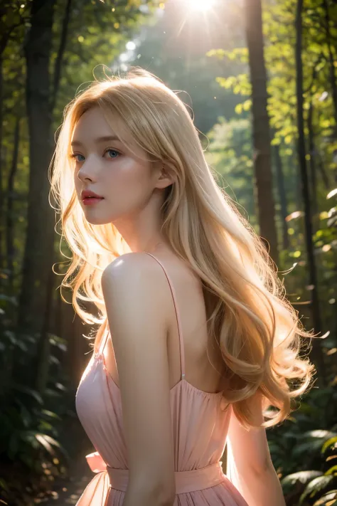 (8k), (masterpiece), (best quality), (super details), (award winning), (realistic), lens flare, glowing light, woman in a pink dress standing in the woods, (photography), modeling shoot, beautiful girl, (beautiful face:0.8), slender blonde girl, fashion photography portrait, pale skin curly blond hair