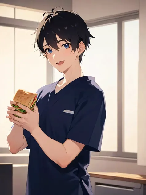 masterpiece, best quality, Japanese manga style, upper body, (holding a sandwich:1.2), (25 year old male: 1.5) and (short black hair) and (blue eyes), BREAK (blue) and (Hospital wear) BREAK smile, open mouth, The background is a hospital room, alone, stand...