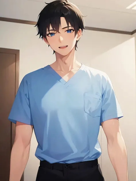 masterpiece, best quality, Japanese manga style, upper body, (25 year old male: 1.5) and (short black hair) and (blue eyes), BREAK (blue) and (Hospital wear) BREAK smile, open mouth, The background is a hospital room, alone, standing,