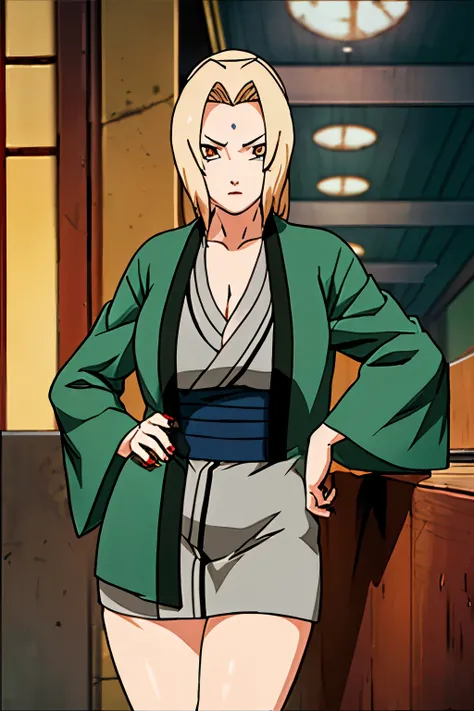 Masterpiece, extremely detailed,NSFW,8k,Tsunade senju from Naruto,fullbody,big breasts,sexy body,long legs,arms behind back ,cowboy shoot,mini skirt,slimfit t-shirt,look at the viewer