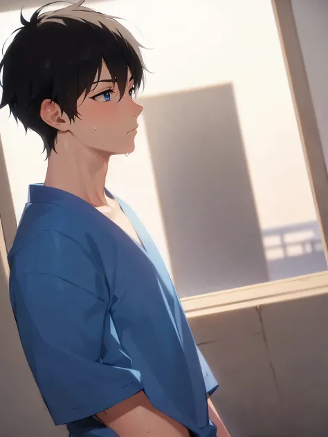 side angle, masterpiece, best quality, Japanese manga style, upper body, (25 year old male: 1.5) and (short black hair) and (blue eyes), BREAK (blue) and (Hospital wear) BREAK annoyed, (sweat:1.2), The background is a hospital room, alone, standing,