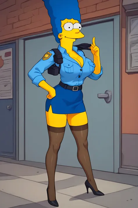 very pretty marge simpson smiling with a super sexy body  (( big breasts )) blue hair,  with a female police officer in a provoc...