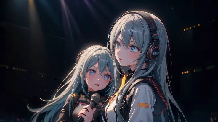 32K,Best Quality、High image quality、film quality、 male and female couple 、a beautiful detailed vocaloid girl with long  gray hair, singing on a futuristic concert stage, wearing high-tech headphones, microphone in hand, ultra-detailed, 8k, photorealistic, ...