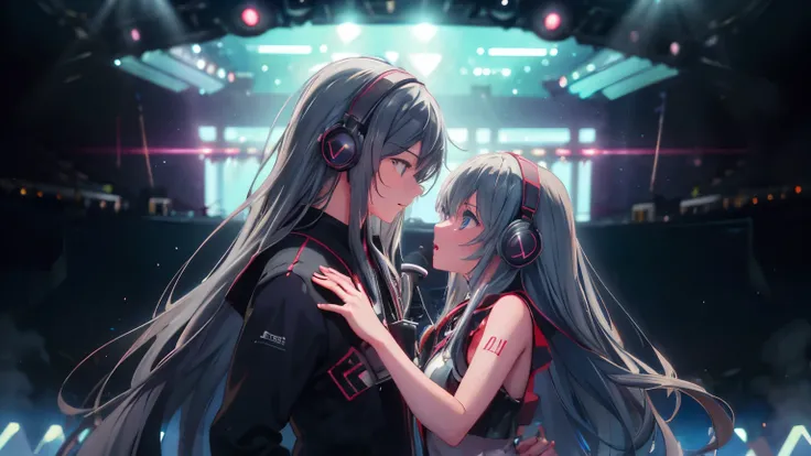 32K,Best Quality、High image quality、film quality、 male and female couple 、a beautiful detailed vocaloid girl with long  gray hair, singing on a futuristic concert stage, wearing high-tech headphones, microphone in hand, ultra-detailed, 8k, photorealistic, ...