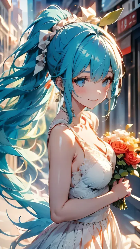 Roman cityscape, beautiful girl with a bouquet of flowers, blue haired, boyish, ponytail dress 