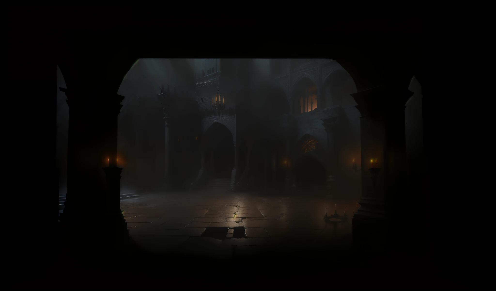 Close up of the front of a dimly lit forged interior of the palace，Medieval style，Stone Floor，Dark color conceptual art 、Game original painting,Game concept art、 Diablo conceptual art ，HD，4K，