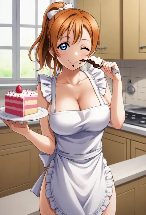 1girl, ponytail, blue eyes, beautiful detailed eyes, extremely detailed face, long eyelashes, love live, kousaka honoka, breasts, (chocolate on face:0.7), apron, holding cake plate ,in kitchen , cleavage , wink, cowboy shot 