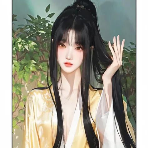 Cute sexy hot girl with long black hair and yellow eyes in a kimono, flowing hair and long robes, inspired by Ma Yuanyu, heise jinyao, inspired by Guan Daosheng, beautiful girl in demon slayer art, beautiful androgynous prince, inspired by Bian Shoumin, de...