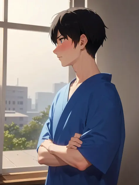 side angle, (looking away:1.5), masterpiece, best quality, Japanese manga style, upper body, (25 year old male: 1.5) and (short black hair) and (blue eyes), BREAK (blue) and (Hospital wear) BREAK angry, (blush:1.3), The background is a hospital room, alone...