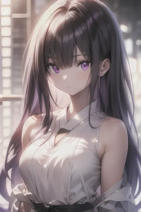 inoue takina, long hair, bangs, black hair, (purple eyes:1.2), masterpiece, best quality, extremely detailed cg unity 8k wallpap...