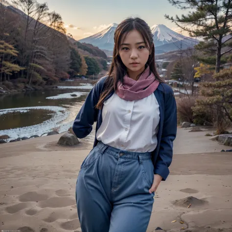  1Japanese Beautiful Girl Teen , FUJIZAN SCENERY BACKGROUND, Beautiful eyes, Sexy figure, Thick shirt, , put on a winter suit, Wear long pants, , put on a scarf , (Best quality 4k, 8K high resolution masterpiece: 1.2)  super detailed  ( Realistic Realistic...