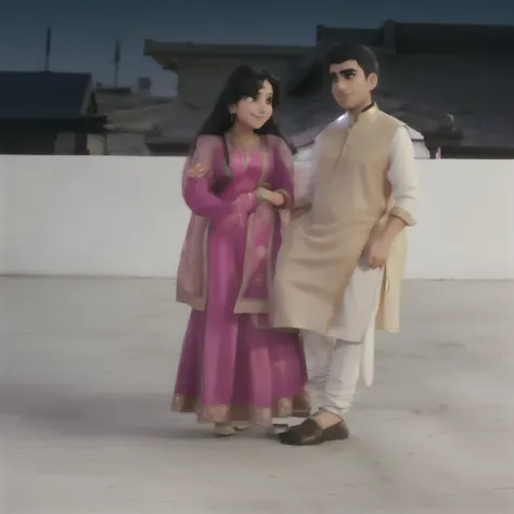 there is a man and woman standing together on a roof, wearing a kurta, wearing a silk kurta, dressed in a jodhpuri suit, lovely couple, ghutra and egal, very very low quality picture, celebrating an illegal marriage, wearing traditional garb, full body pho...