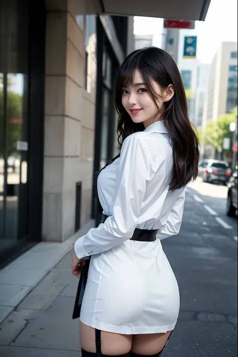 Beautiful woman, Smiling, back view, ((masterpiece)), (((best quality))), ((ultra-detailed)), 1girl, gleaming skin, secretary, business suit, white shirts, Skirt is tight on hips and legs, Absolute area, business, ((Black garter belt)), (black pumps), down...