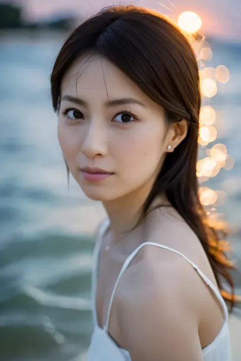  high quality, Surreal portrait of a very beautiful Japanese idol. She is wearing a pretty white summer dress、 crouching on the beach watching the sunset over the ocean 。. The deep blue night sky 、 contrasts with the last remnant of the crimson color near ...