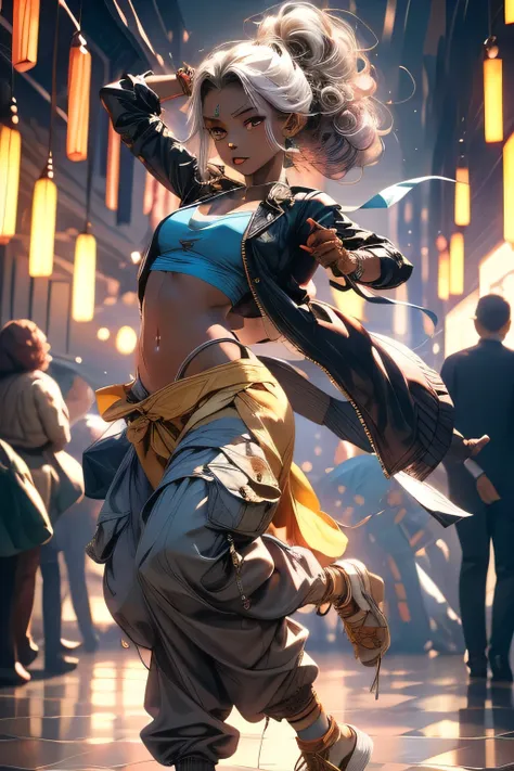 A girl who has purple eyes and curly white hair has dark skin, wears yellow cargo pants and a red crop top over a jacket.dance,dance dance,nude,