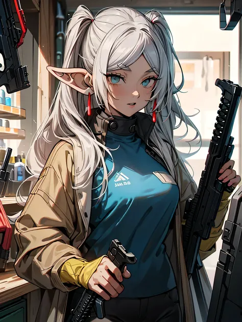 (top-quality, ​masterpiece:1.2) | A detailed eye:1.2 1 female ,Solindo (dynamic ungle, cowboy style,POV, faces, The long-haired,Gun Shop) gargantilha, The shirt, Open sweatshirt, finely detailed, ​masterpiece, Cyberpunk-style clothing