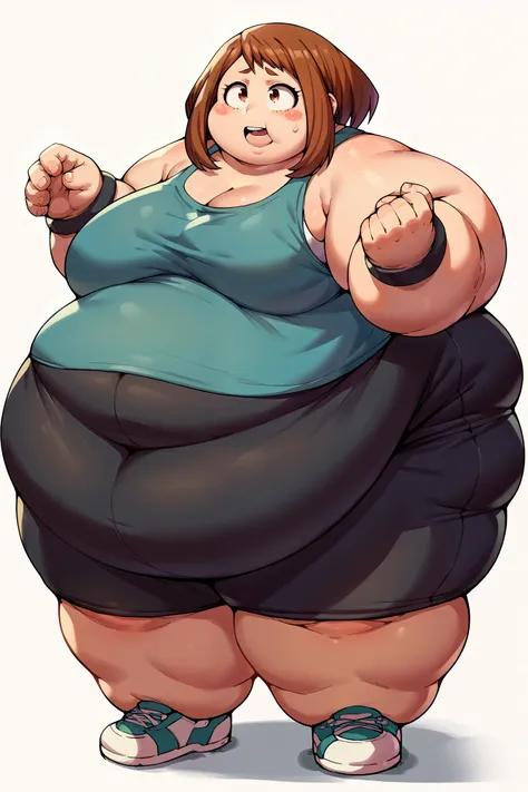 girl becoming a blob monster, becoming a blob, fat, chubby, obese, tank top, black bike shorts, ochakouraraka, ochako uraraka