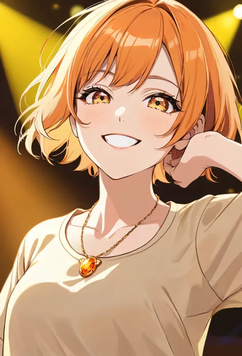  cool adult woman 、 orange short hair and yellow eyes、necklace on a beige blouse、Neon stage background 、 bullish smile  、( face close-up)、Dance