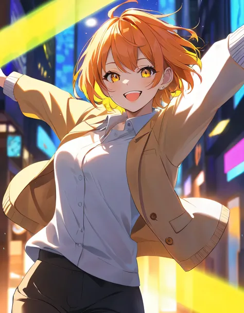  Adult Woman With Sharp Style,  orange short hair and yellow eyes、 face close-up、 office casual clothes、Urban Neon Background、  fearless smile  、Have fun dancing、Decoration、Glare