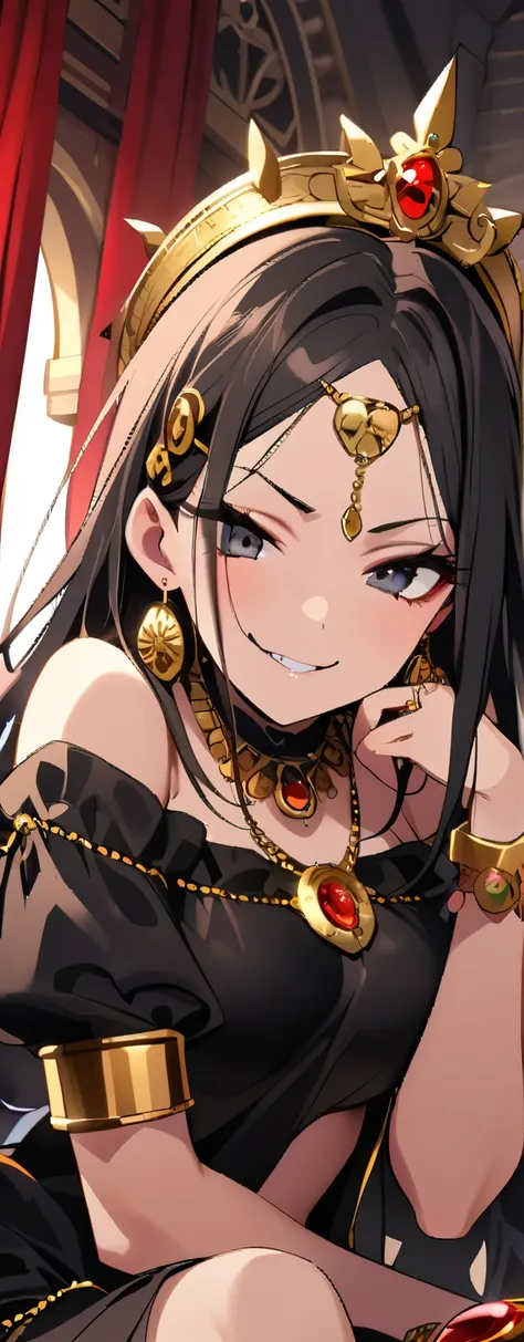  1 girl， The Seven Deadly Sins，greed，desire，High status 、 powerful 、 lots of gorgeous ornaments， necklace ，ring， gold bracelet，Earrings， hair accessories，Red Gem，Gold and silver treasure，palace，Sharp Eye， malicious smile ，sit， wear cheek sticks ，Black Hair...