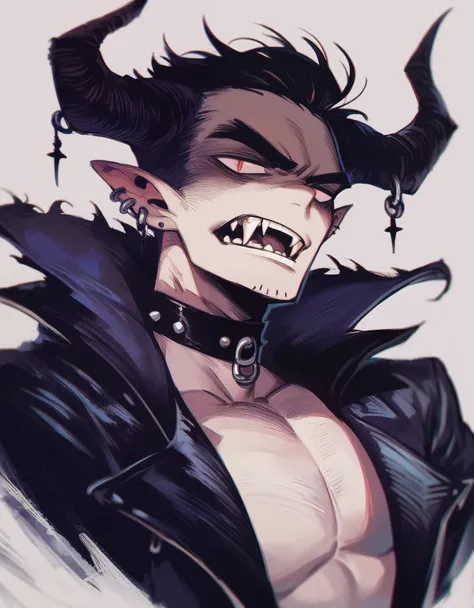 demonic boy with horns,  detailed face , piercing gaze, sharp fangs,  black leather jacket, dark gothic outfit,  dramatic lighti...