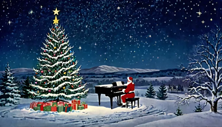      Christmas Tree ,1950s,America,,Outside is a snowy landscape,Starry Sky,Santa is playing the piano,