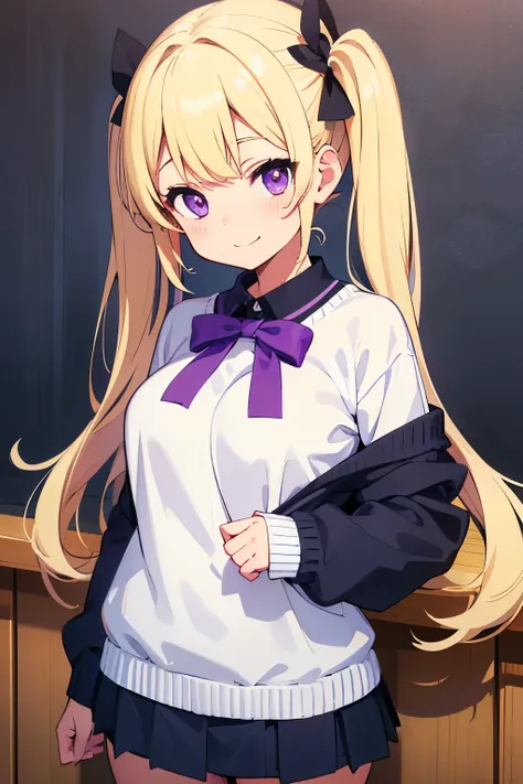  middle school girl　１４age　 A cup breasts　Blonde　 long twin tails　 twin tails with bow　Gal　Purple Eyes　（（One person））smile　upper body knit sweater 　Black mini skirt　 light blue horizontal stripe pattern panties on white　White socks　Otaku&#39;s Room　 woman s...