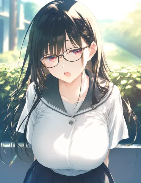 1girl, little female, school uniform, beautiful breasts, glasses, jitome, open mouth, (yawn:0.3), sleepily, outdoors,wind, game CG break,((artist:shida_kazuhiro)),(artist:mitsumi_misato),(artist:fujiyama),,(masterpiece), (best quality), (ultra-detailed), v...