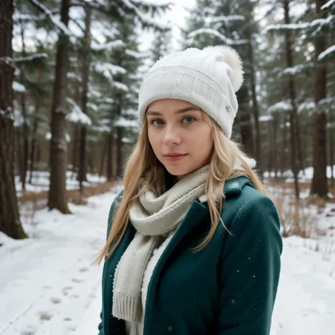 Ultra-high resolution, hyperrealistic, high-quality shot of Lara, a woman connected to nature and relaxed, with silky straight platinum blonde hair and light green eyes, enjoying a leisurely walk along a snow-covered forest path. She wears a comfortable, t...